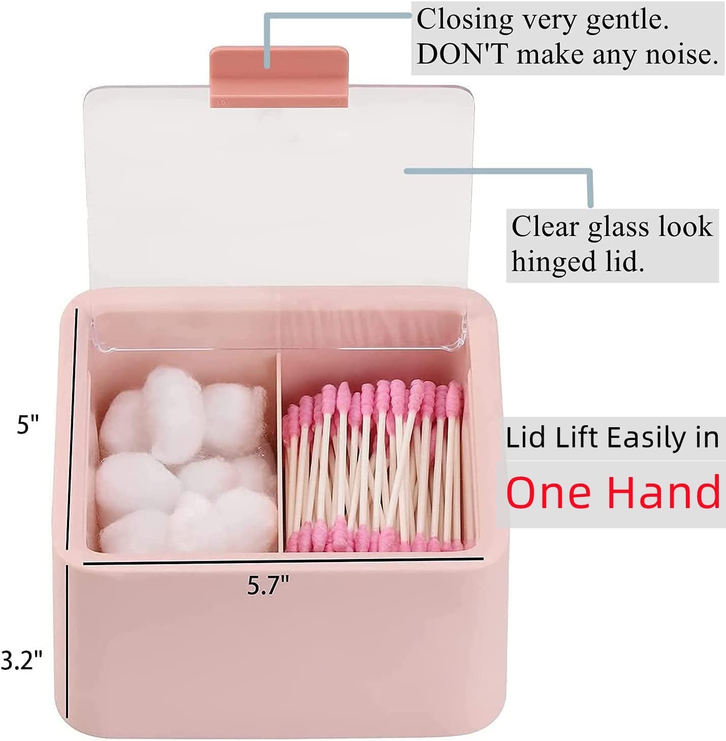 Qtips Storage Organizer - 2-Grid Dispenser with Hinged Lids for Swabs, Balls, Pads, Pink