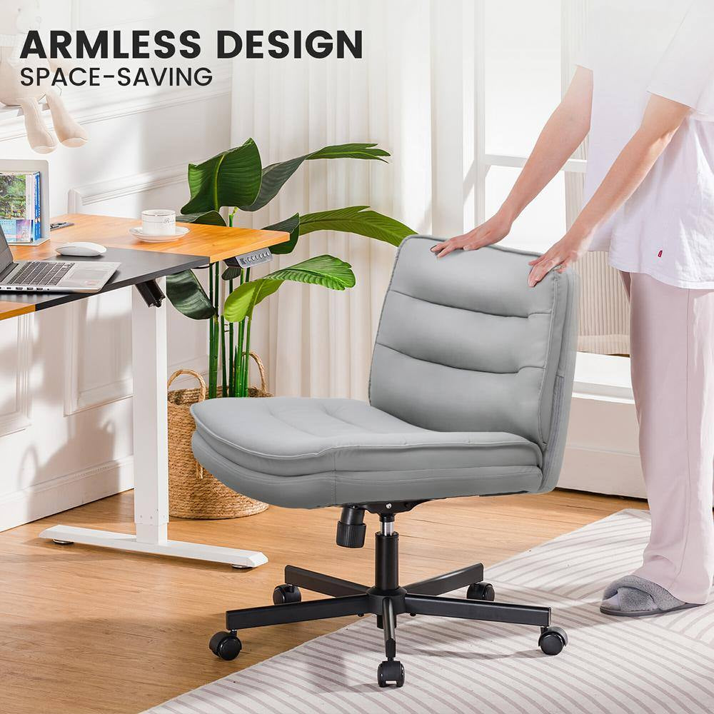 Criss Cross Chair with Wheels PU Leather Armless Cross Legged Office Desk Chair Height Adjustable Vanity Chair, Gray