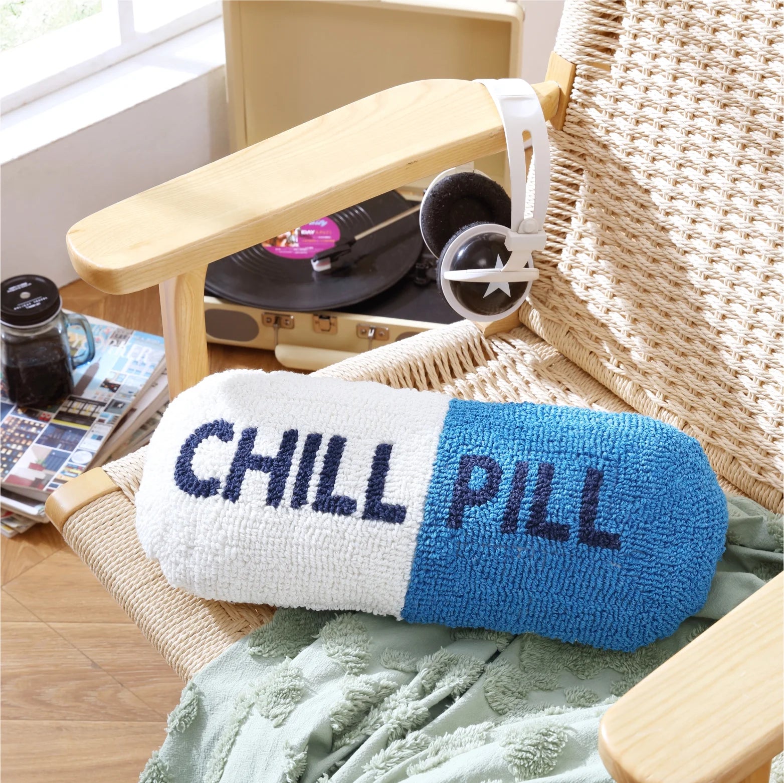 20" X 8" Chill Pill Decorative Pillow, Vanilla and Cobalt Blue