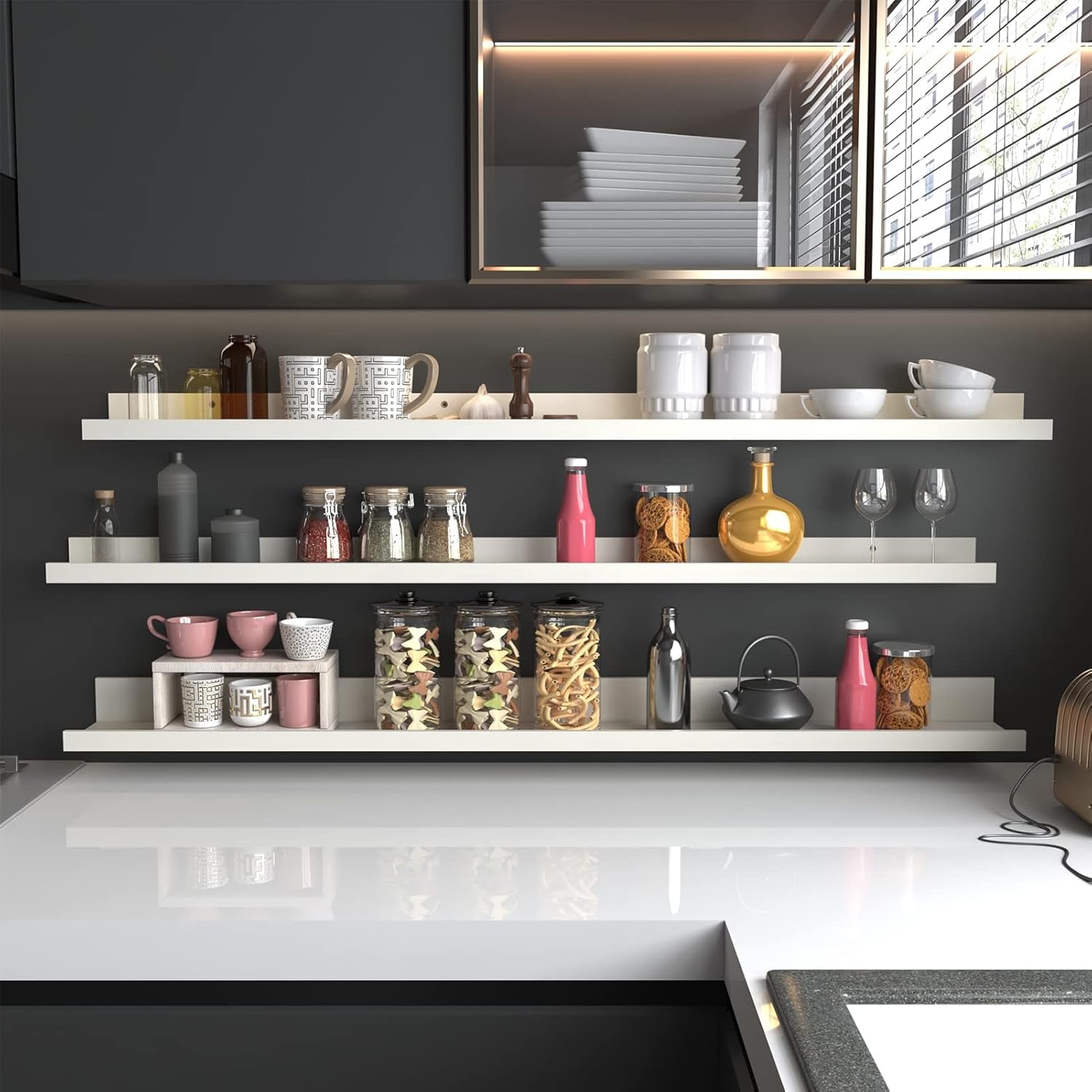 47 Inch Floating Shelves Wall Mounted Set of 3, Long Picture Ledge Shelf for Living Room Bathroom Bedroom Kitchen Office, Creamy White