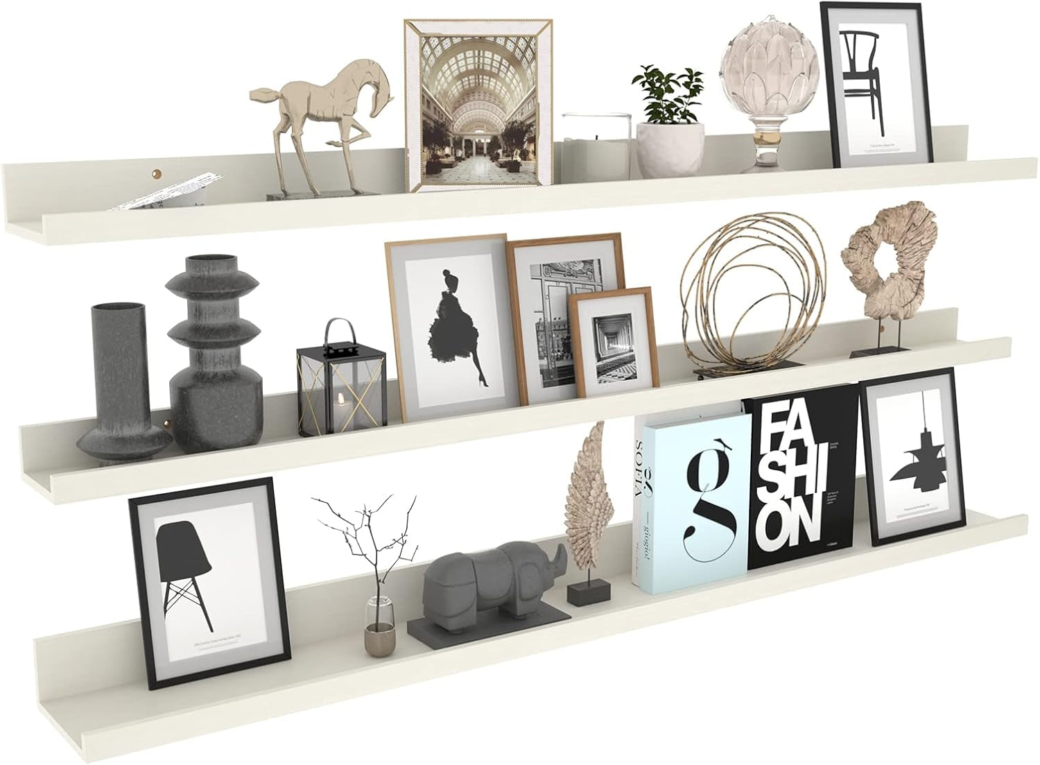 47 Inch Floating Shelves Wall Mounted Set of 3, Long Picture Ledge Shelf for Living Room Bathroom Bedroom Kitchen Office, Creamy White