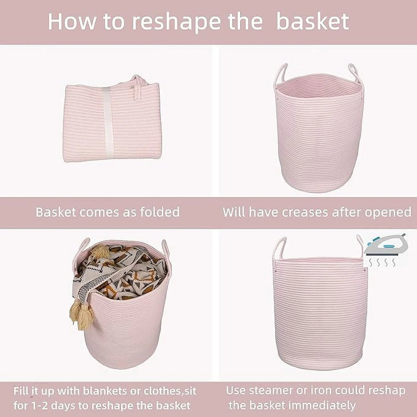 Laundry Basket Handles 16" X 20", Large Woven Blanket Basket for Organizing,Pink