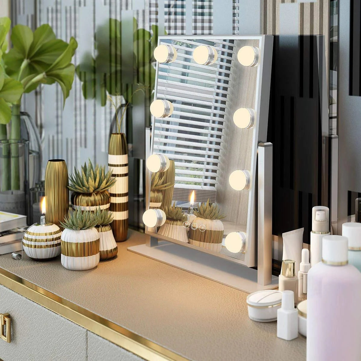 12''X14'' Vanity Makeup Mirror with Lights 360° Swivel Tabletop Metal White