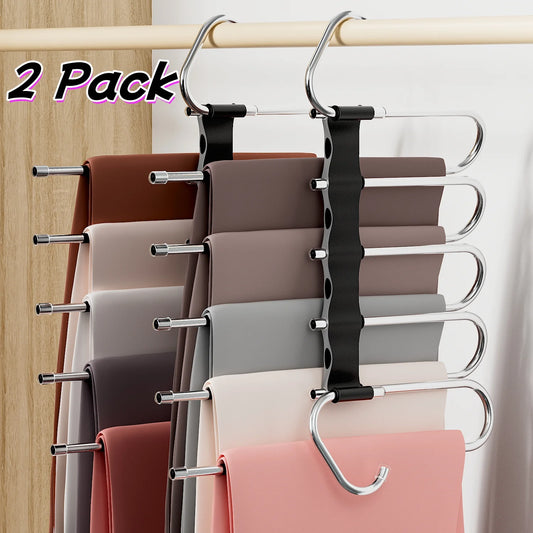 Clothes Hangers for Pants,5-Tier Space Saving with Anti-Slip Coated Rods,Stainless Steel & ABS Plastic,Foldable for Travel & Closet Organization,2 Pack,Black