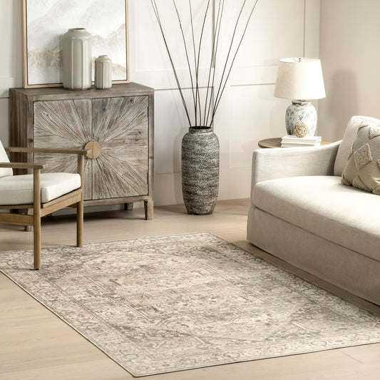 4' X 6' Spinclean Machine Washable Stain-Resistant Area Rug with Non Slip Backing, Low Profile for Living Room, Bedroom, and Dining Room, Brielle Grey/Tan