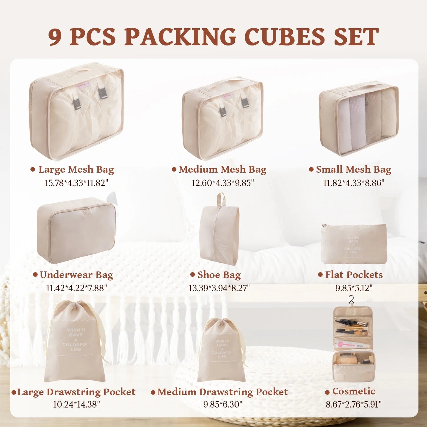 Packing Cubes - 9 PCS Travel Pouch Set, Compression Bags for Travel, Suitcase Essentials Organizer Bags Set, Beige