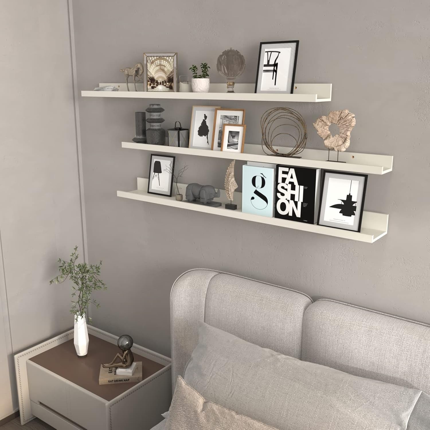 47 Inch Floating Shelves Wall Mounted Set of 3, Long Picture Ledge Shelf for Living Room Bathroom Bedroom Kitchen Office, Creamy White