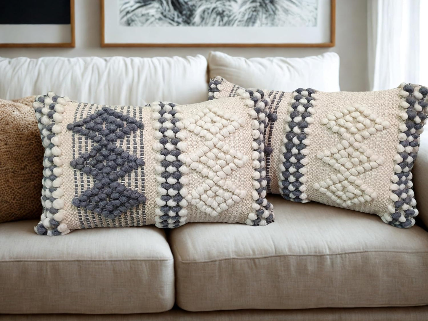 12X20 Inch Boho Throw Pillow Covers Set of 2 – Handmade Decorative Grey Woven Lumbar Cushion Covers for Couch Bed Sofa, Textured Accent Pillowcases for Living Room Decor