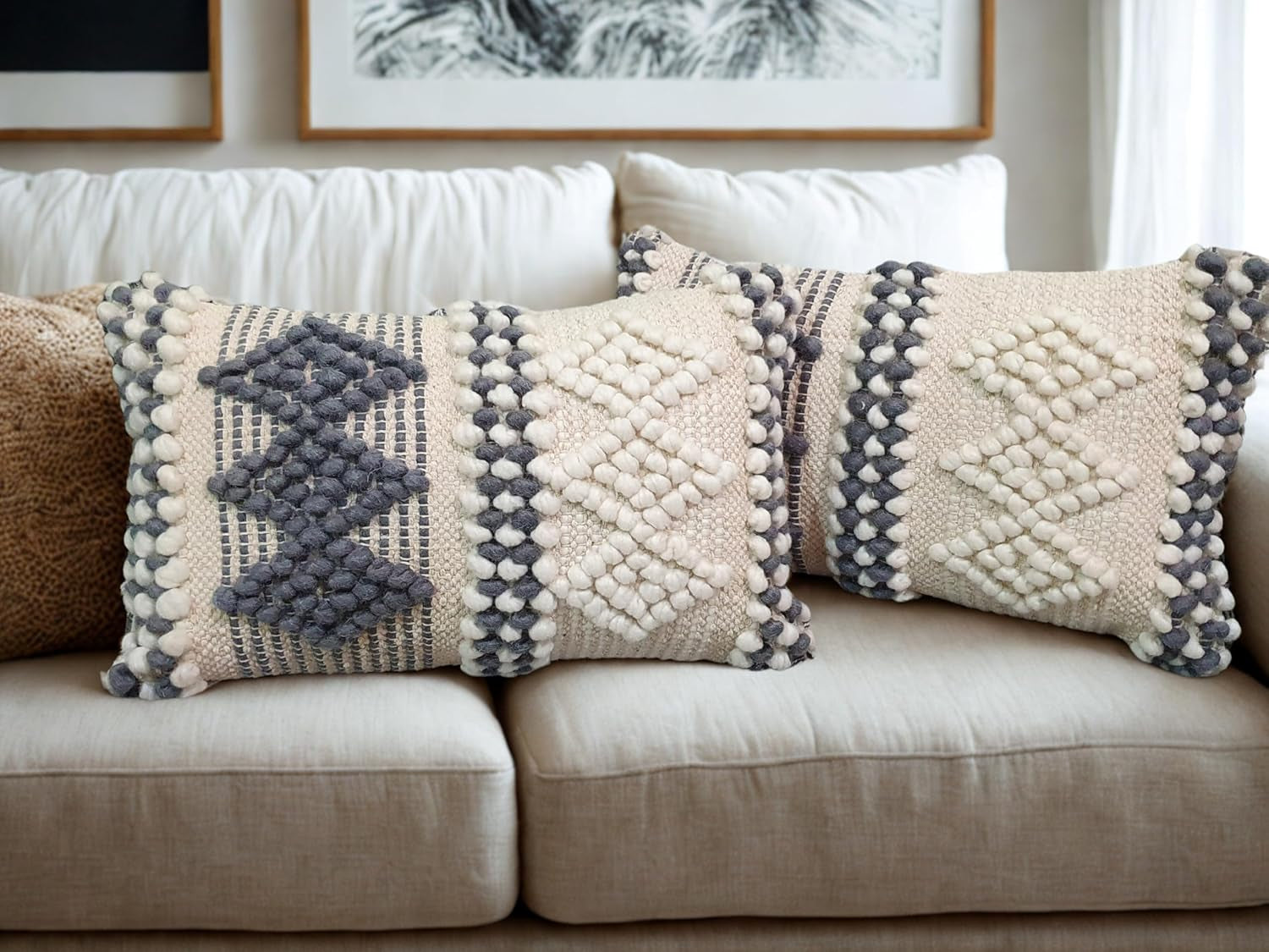 12X20 Inch Boho Throw Pillow Covers Set of 2 – Handmade Decorative Grey Woven Lumbar Cushion Covers for Couch Bed Sofa, Textured Accent Pillowcases for Living Room Decor