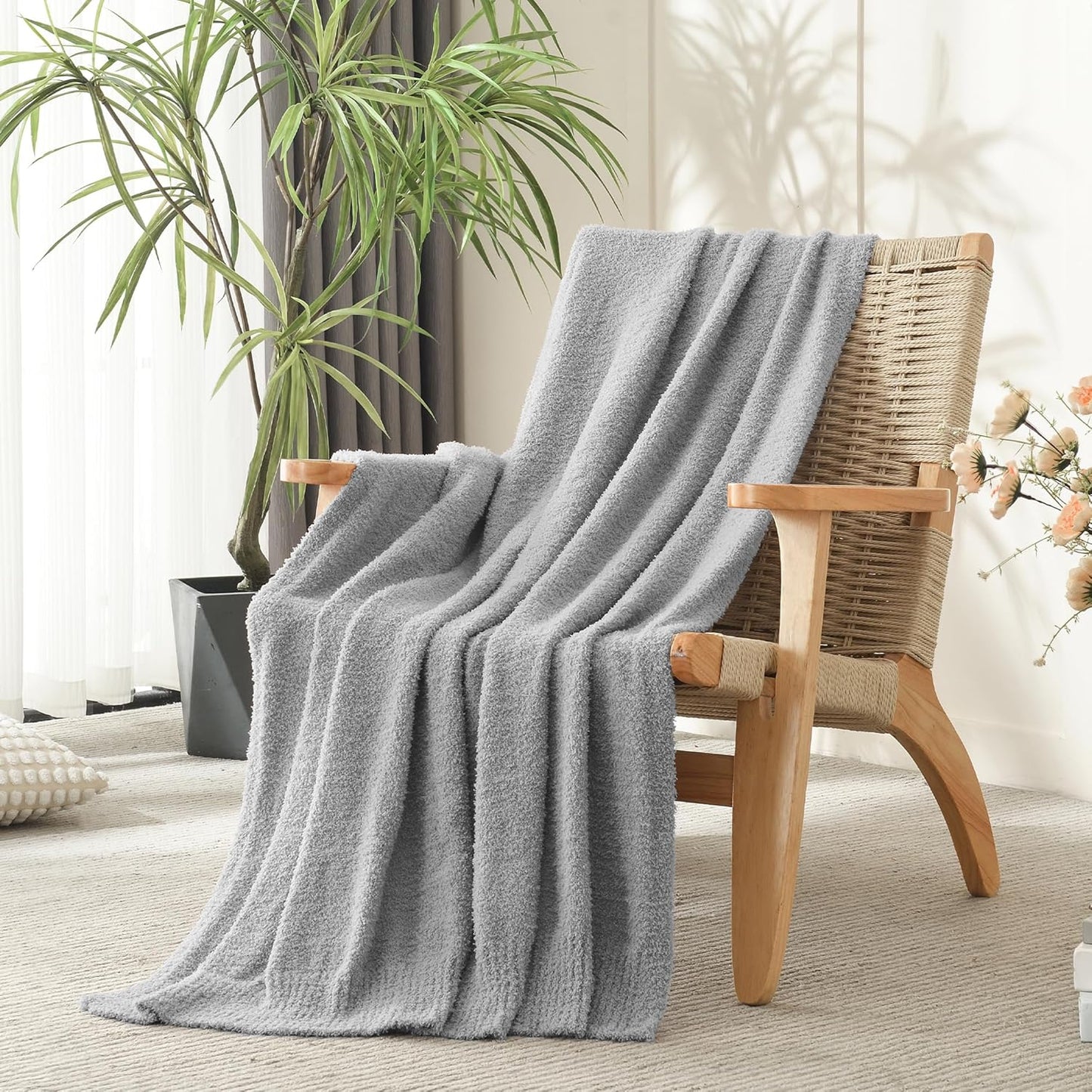 Grey Knit Throw Blanket Knitted Boucle Blankets Decorative Soft Fuzzy Throw Bed Blanket for Women Couch 50X60 Inches Grey