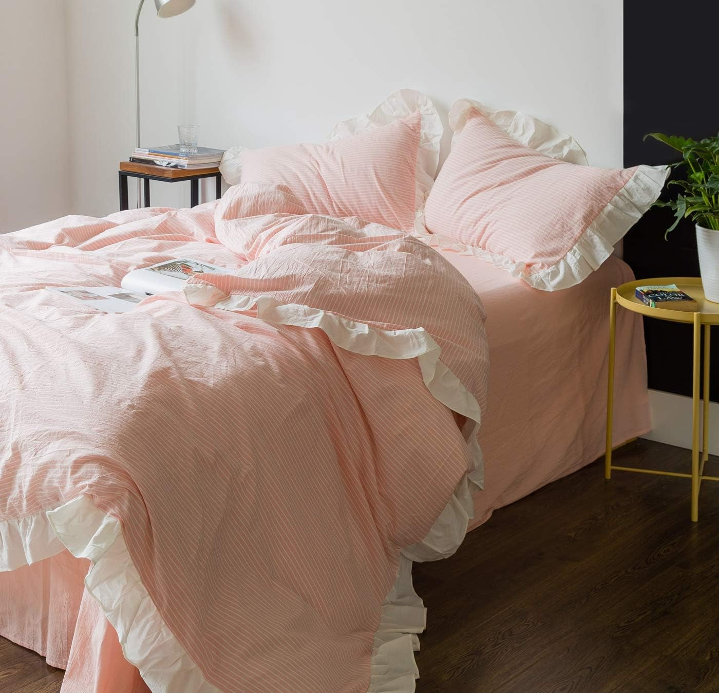 Pink White Lace Duvet Cover King 100% Washed Cotton 3 Pcs Set 1 Vintage Farmhouse Ruffle Duvet Cover with Zipper Ties 2 Pillow Shams Romantic Princess Ruffled Striped Bedding Set Soft