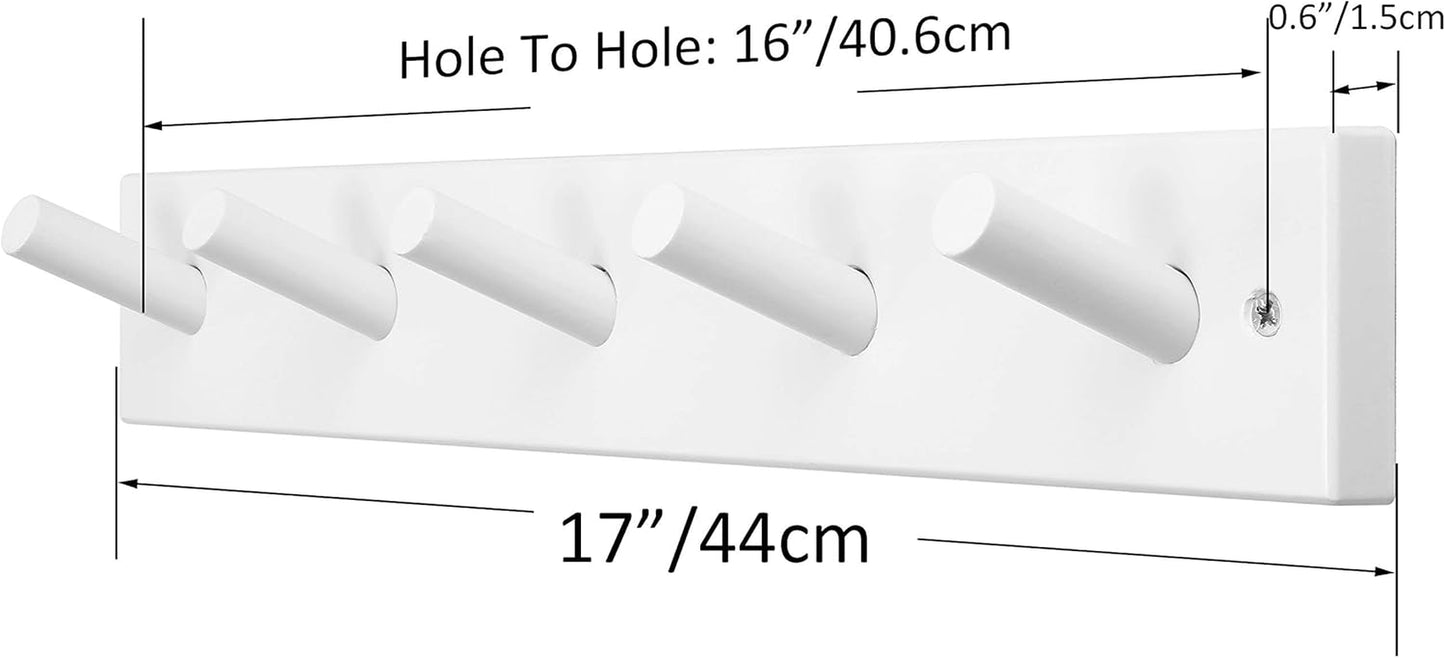 Wooden Wall Mounted Coat Rack,16'' Hole to Hole, 5 Pegs Bamboo Wall Hook for Hanging Clothes Robes Towels Hats,White