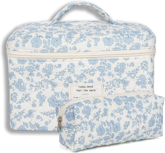 Makeup Bag, Quilted Makeup Bag, Cotton Large Travel Makeup Bag, Floral Cosmetic Bag