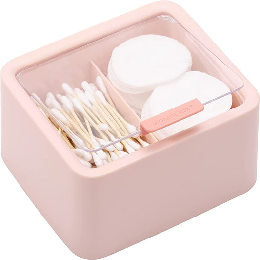 Qtips Storage Organizer - 2-Grid Dispenser with Hinged Lids for Swabs, Balls, Pads, Pink