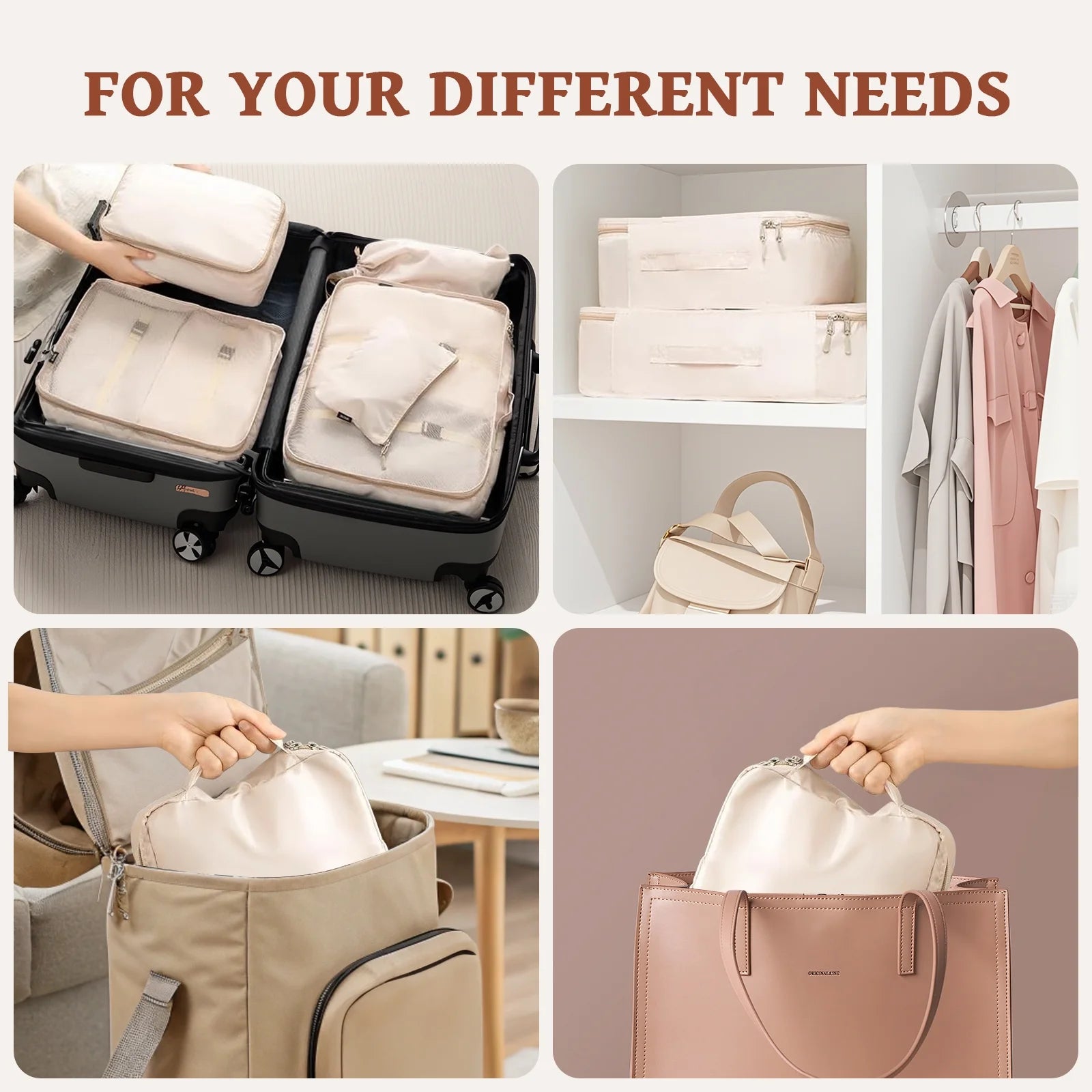 Packing Cubes - 9 PCS Travel Pouch Set, Compression Bags for Travel, Suitcase Essentials Organizer Bags Set, Beige