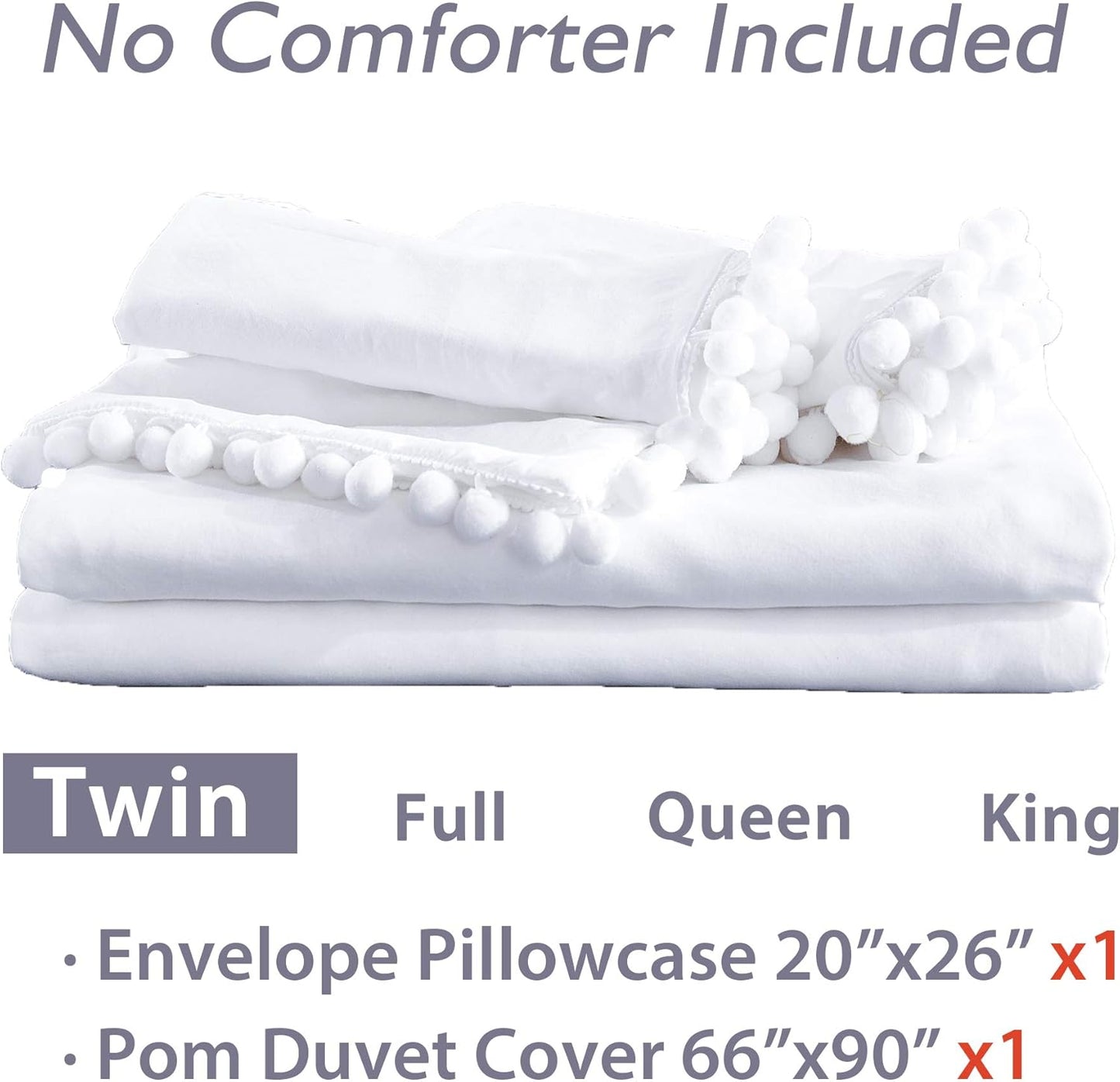 Pom Pom Fringe Duvet Cover Twin Size (66X90 Inch), 2 Pieces (1 Solid White Duvet Cover, 1 Pillowcase) Soft Washed Microfiber Duvet Cover Set with Zipper Closure, Corner Ties