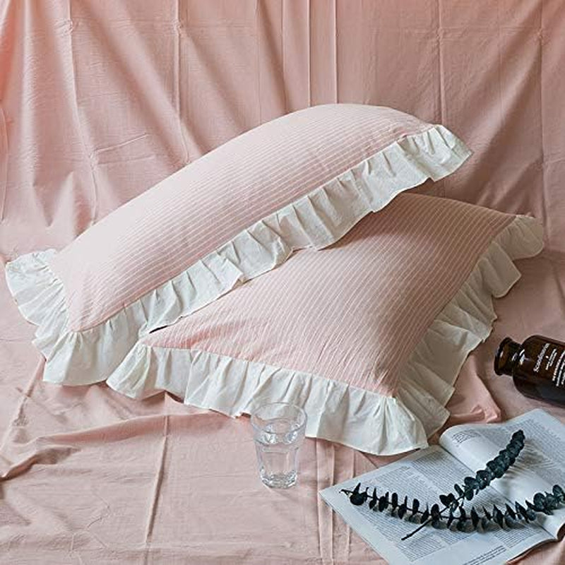 Pink White Lace Duvet Cover King 100% Washed Cotton 3 Pcs Set 1 Vintage Farmhouse Ruffle Duvet Cover with Zipper Ties 2 Pillow Shams Romantic Princess Ruffled Striped Bedding Set Soft