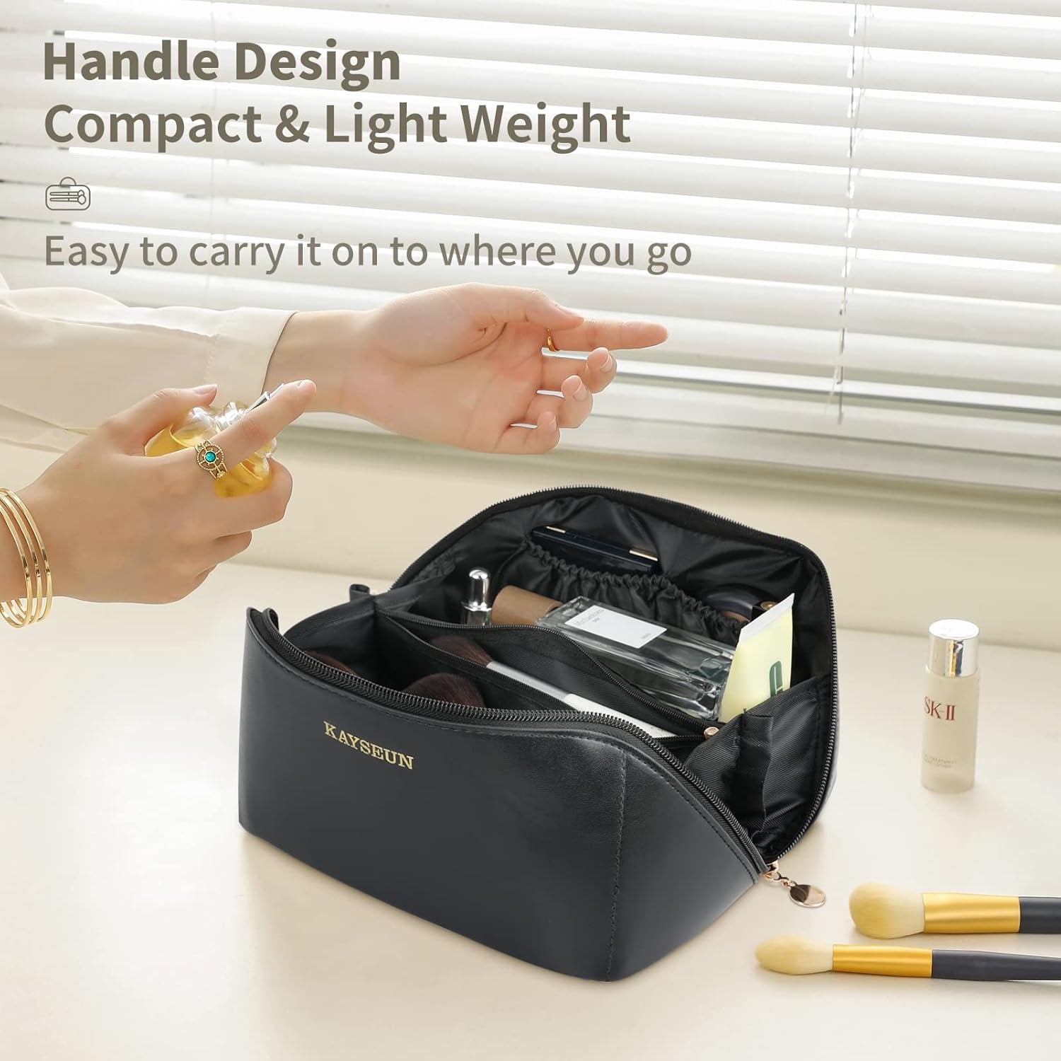 Upgrade Travel Makeup Bag,Large Capacity Cosmetic Bags for Women,Waterproof Portable Pouch Open Flat Toiletry Bag Make up Organizer with Divider and Handle -Black