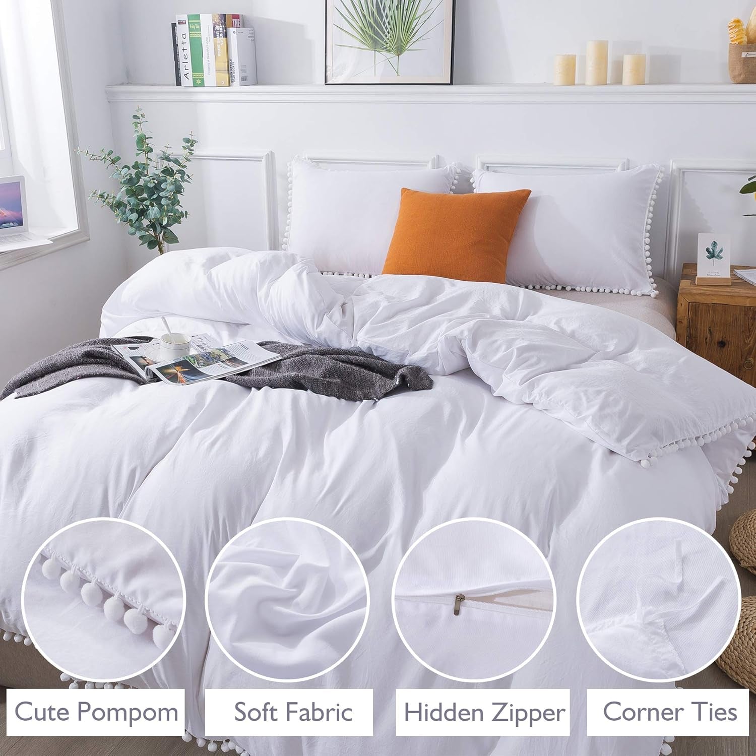Pom Pom Fringe Duvet Cover Twin Size (66X90 Inch), 2 Pieces (1 Solid White Duvet Cover, 1 Pillowcase) Soft Washed Microfiber Duvet Cover Set with Zipper Closure, Corner Ties