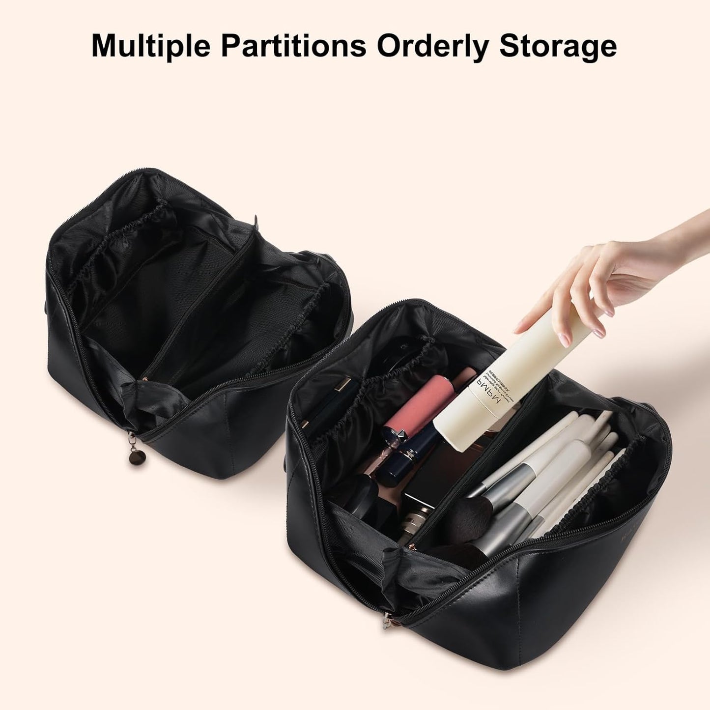 Upgrade Travel Makeup Bag,Large Capacity Cosmetic Bags for Women,Waterproof Portable Pouch Open Flat Toiletry Bag Make up Organizer with Divider and Handle -Black