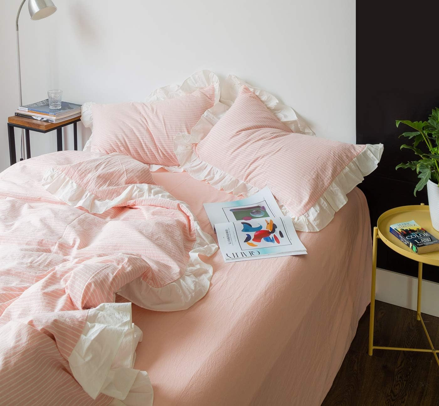 Pink White Lace Duvet Cover King 100% Washed Cotton 3 Pcs Set 1 Vintage Farmhouse Ruffle Duvet Cover with Zipper Ties 2 Pillow Shams Romantic Princess Ruffled Striped Bedding Set Soft