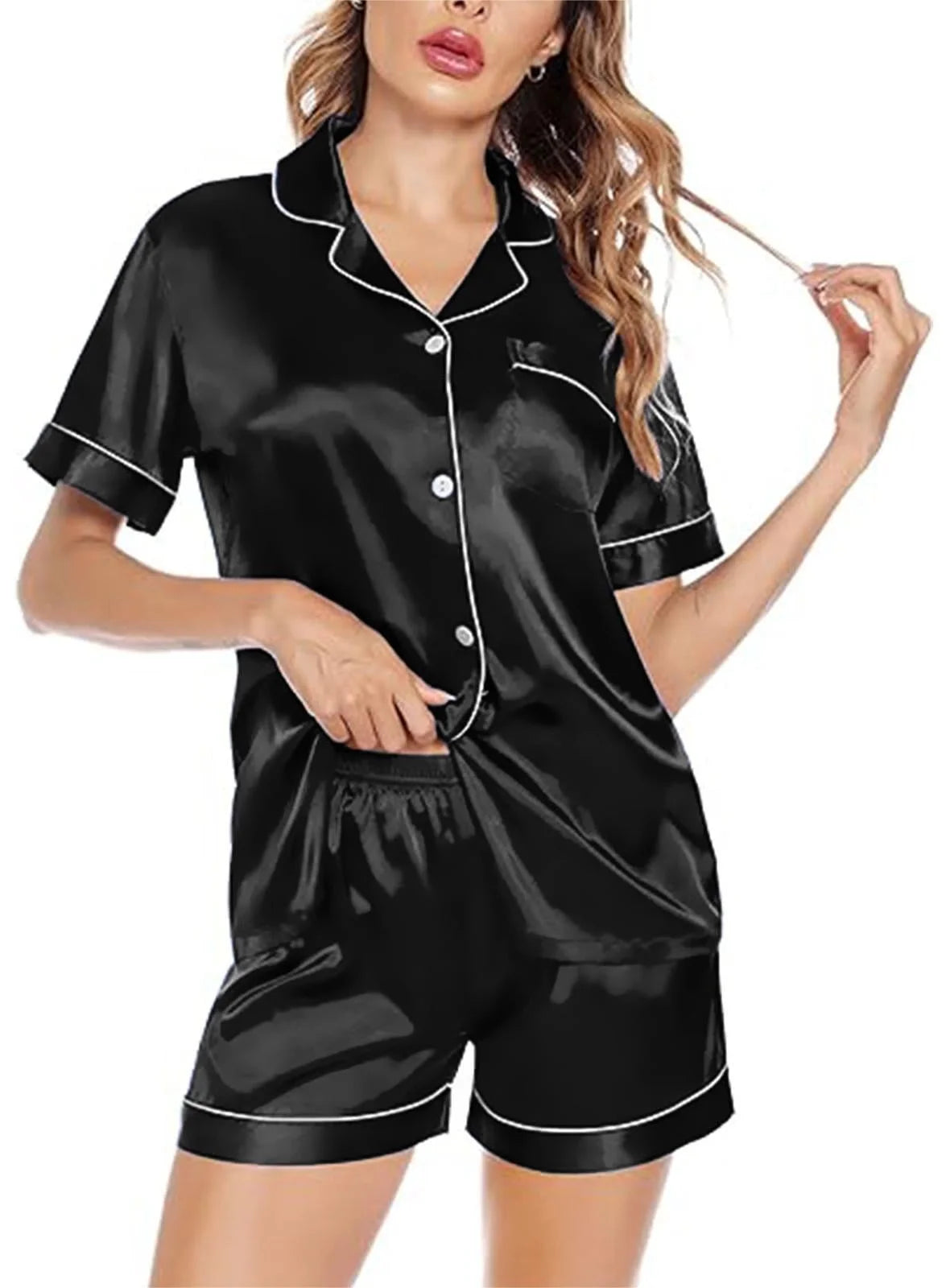 Satin Pajamas for Women,  Womens Pajama Sets, Soft Short Sleeve Button down Pajama Set Two-Piece Womens Pajamas