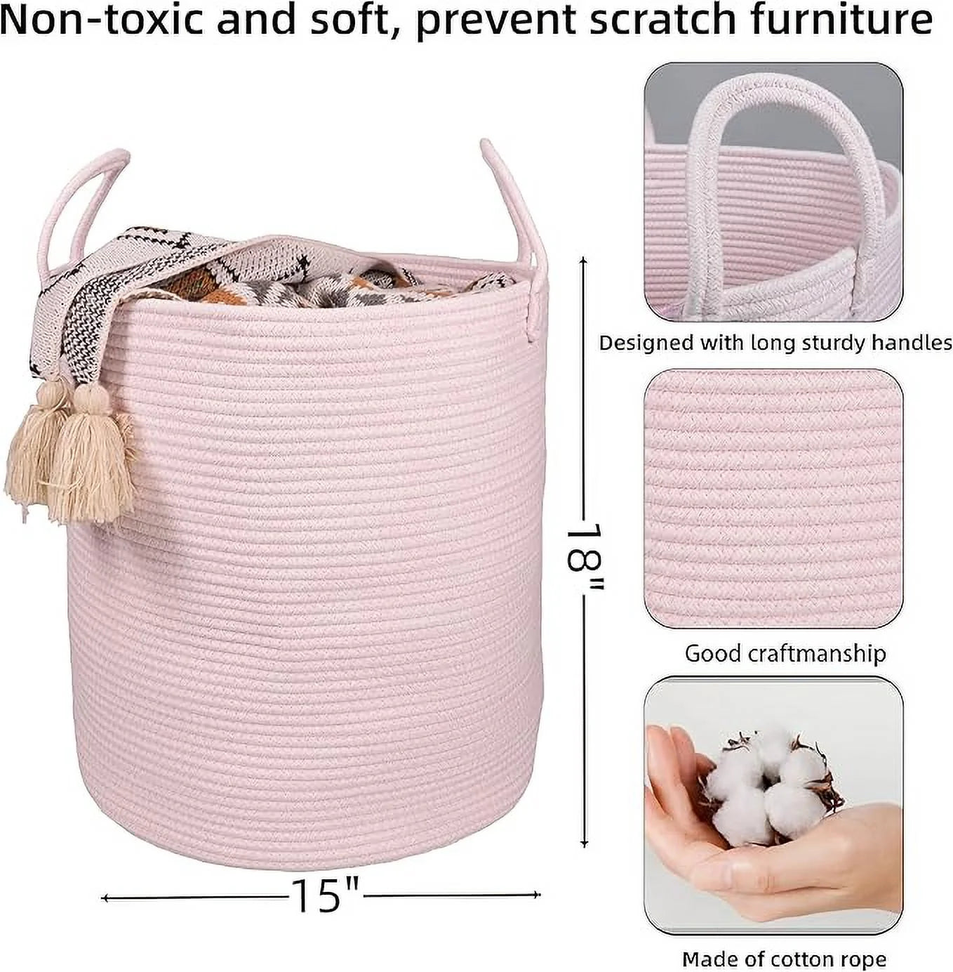 Laundry Basket Handles 16" X 20", Large Woven Blanket Basket for Organizing,Pink