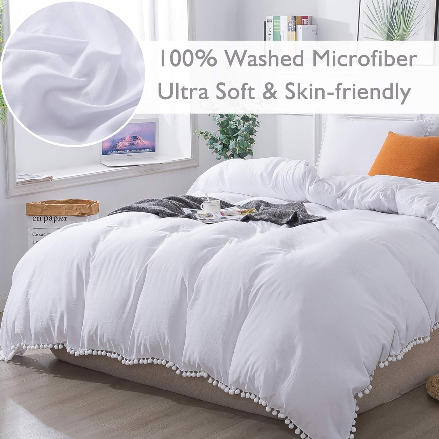 Pom Pom Fringe Duvet Cover Twin Size (66X90 Inch), 2 Pieces (1 Solid White Duvet Cover, 1 Pillowcase) Soft Washed Microfiber Duvet Cover Set with Zipper Closure, Corner Ties