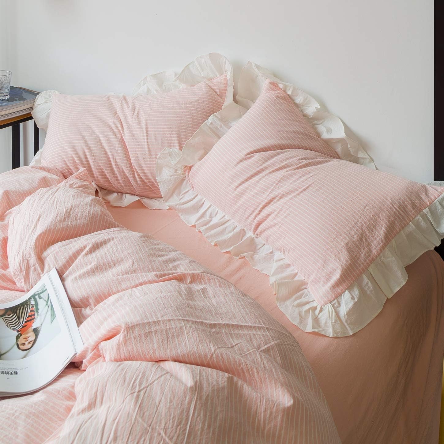 Pink White Lace Duvet Cover King 100% Washed Cotton 3 Pcs Set 1 Vintage Farmhouse Ruffle Duvet Cover with Zipper Ties 2 Pillow Shams Romantic Princess Ruffled Striped Bedding Set Soft